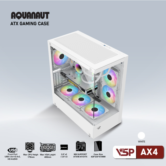 Vỏ máy tính Case VSP Aquanaut AX4 [TRẮNG] 2 mặt kính (ATX/M-ATX/mATX) (Không kèm Fan) - Hàng chính hãng Tech Vision phân phối