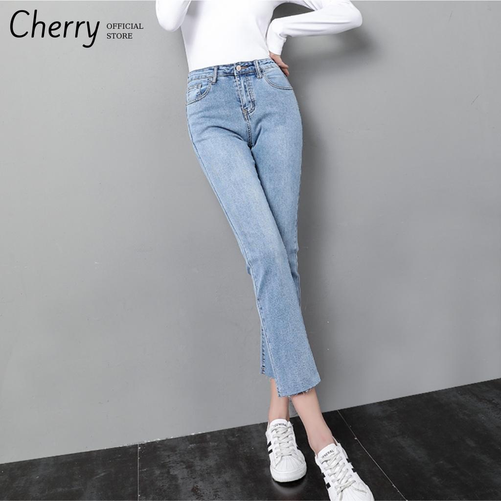 Quần jean nữ ống đứng dáng lửng co giãn cao cấp phong cách Hàn Quốc, quần bò nữ ống ngắn suông có co giãn CHERRY T030