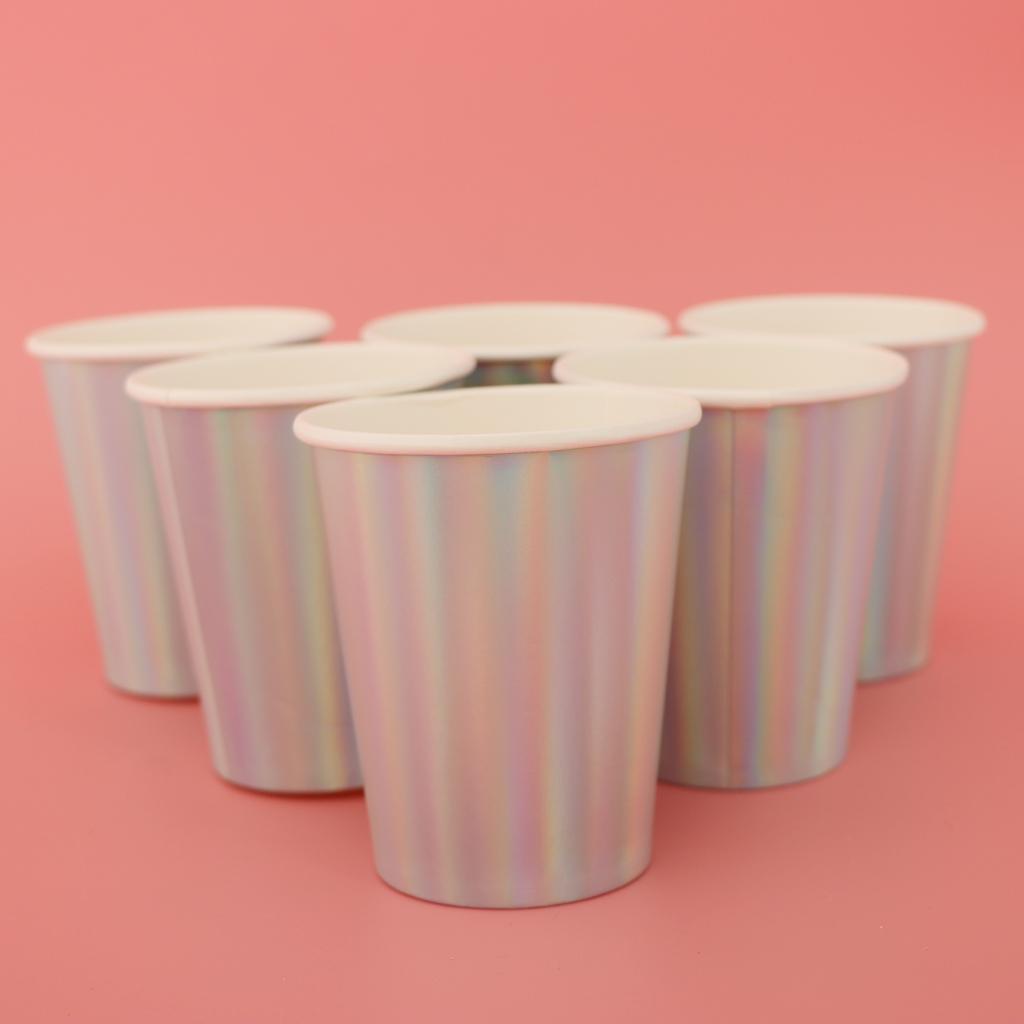 6 Iridescent Rainbow Silver Shiny Paper Cups Kids Birthday Tableware