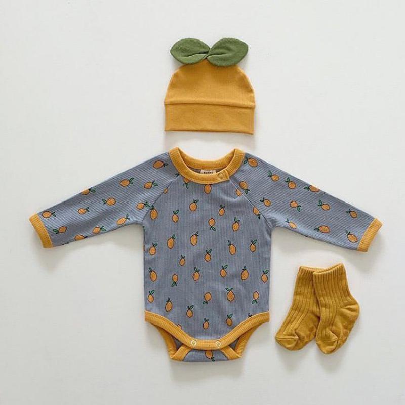 Sơ Sinh Bé Gái Bé Trai Bodysuit Cotton Mùa Thu Chanh In Jumpsuit Tay Dài Bodysuit Cho Bé Có Mũ 2 Bộ Quần Áo Cho Bé trang Phục