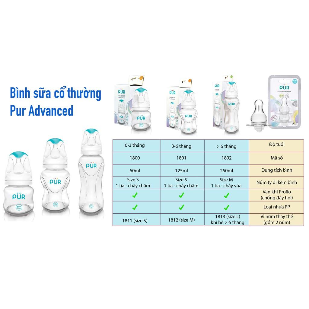 Combo 1 bình Pur Advanced 250ml + 1 vỉ núm size L - Tặng gói khăn ướt Pur 20 tờ