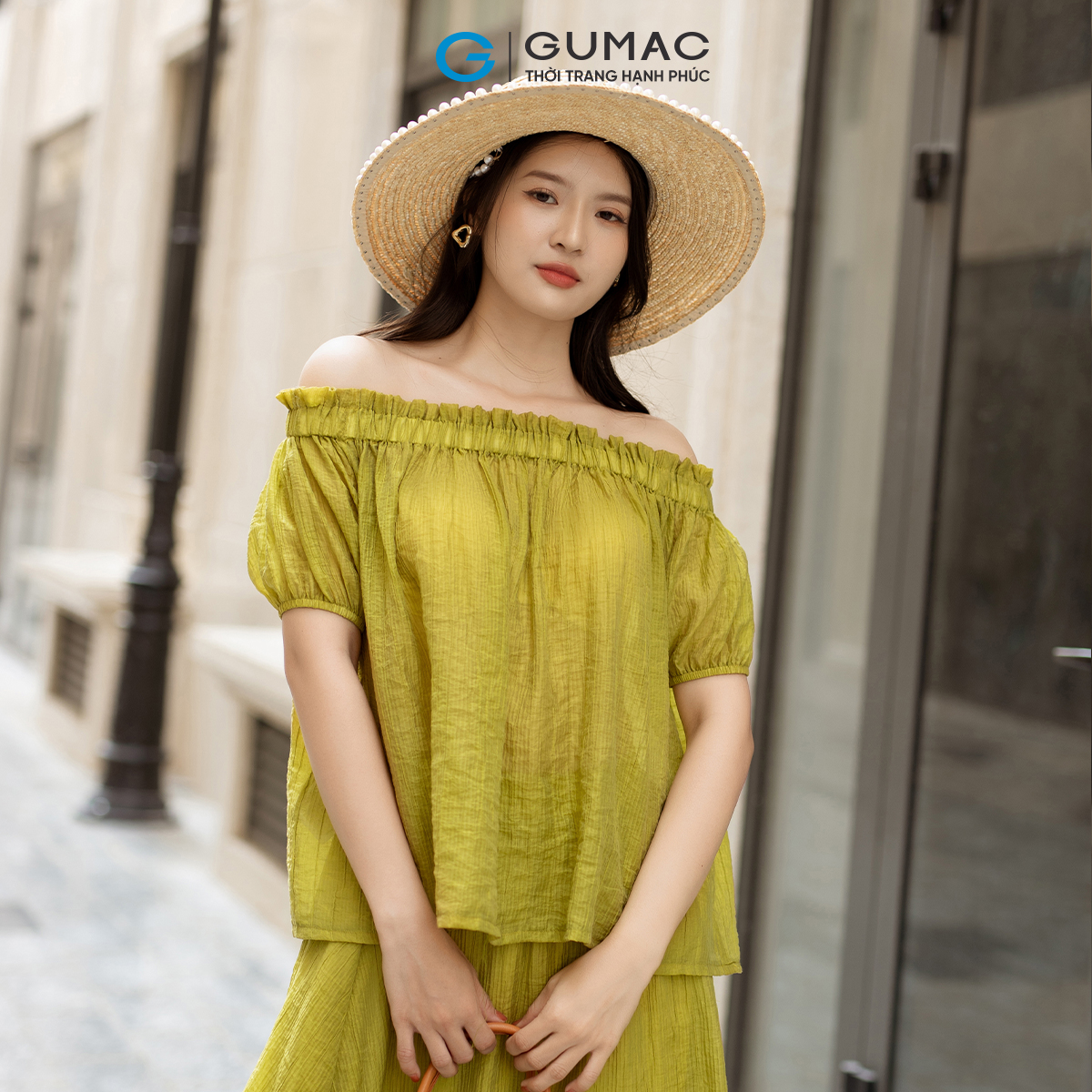 Set lẻ Áo trễ vai tay bí GUMAC AD05003 - Chân váy xòe lưng thun VD05005