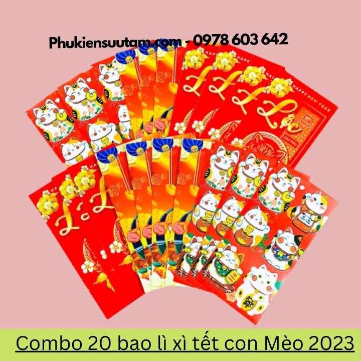 Combo 20 Bao Lì Xì Tết Con Mèo 2023, kích thước: 16cmx8cm, màu đỏ - SP000366