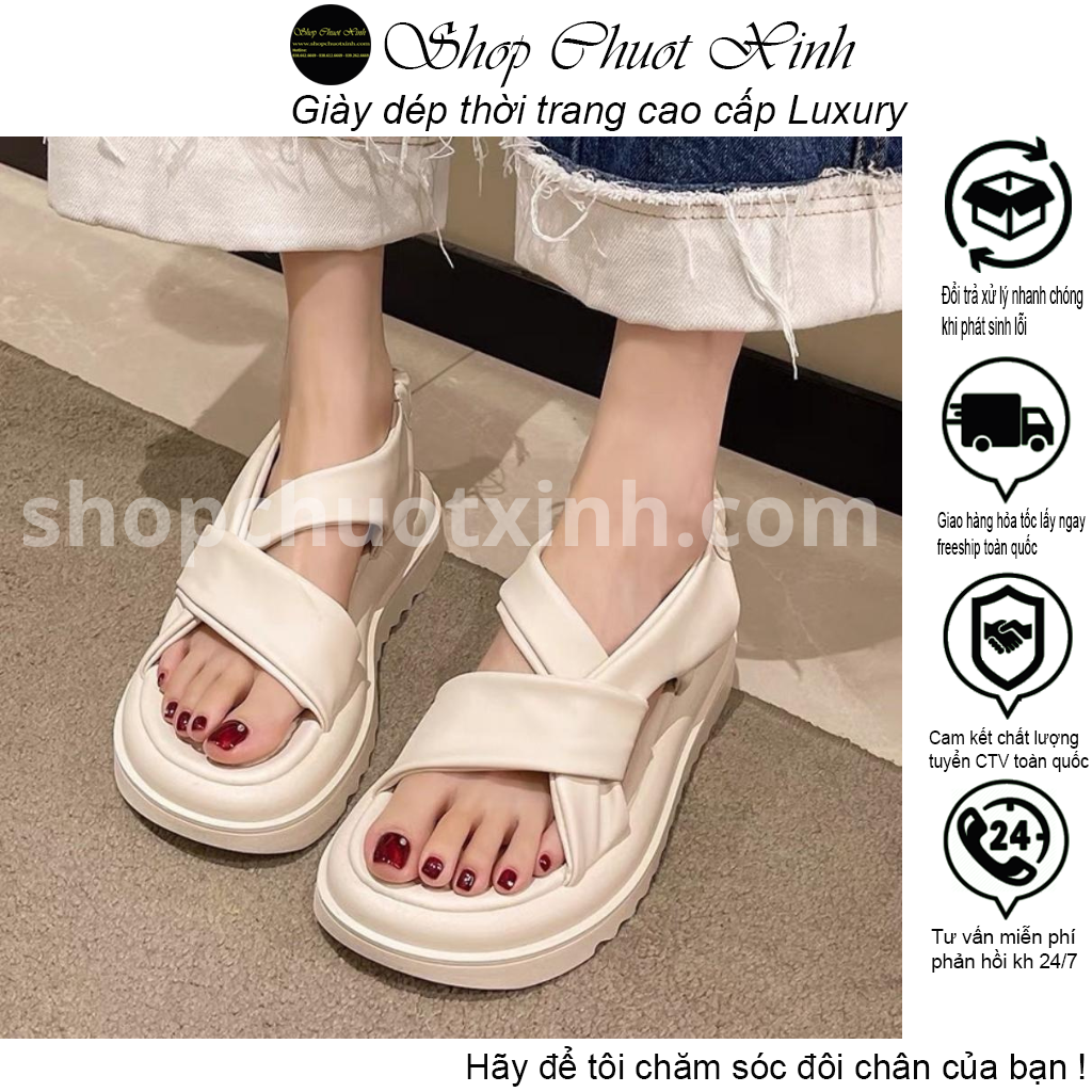 Dép sandal nữ, xăng đan da đế độn chất liệu da pu đế cao su êm ái 2 màu trắng đen dép form to lùi 1 size shopchuotxinh