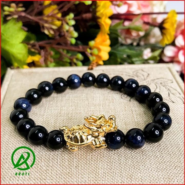 Vòng Tay Phòng Thủy Mệnh Thủy - Vòng Tay Nam Nữ Đá Mắt Hổ xanh Than Mix Long Quy Vàng 8mm V387-8