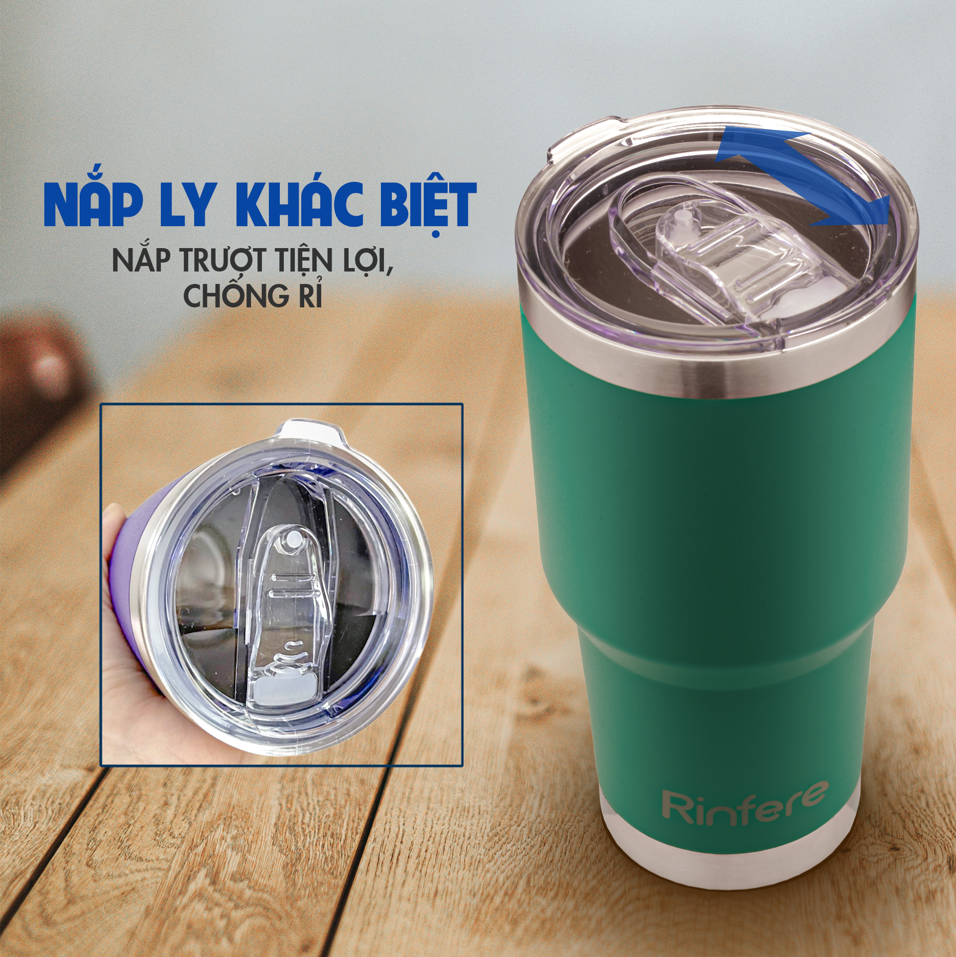 Ly Giữ Nhiệt Nắp Trượt Chống Tràn Rinfere - Tặng Kèm Ống Hút Không Gỉ, Dụng Cụ Vệ Sinh Ông Hút