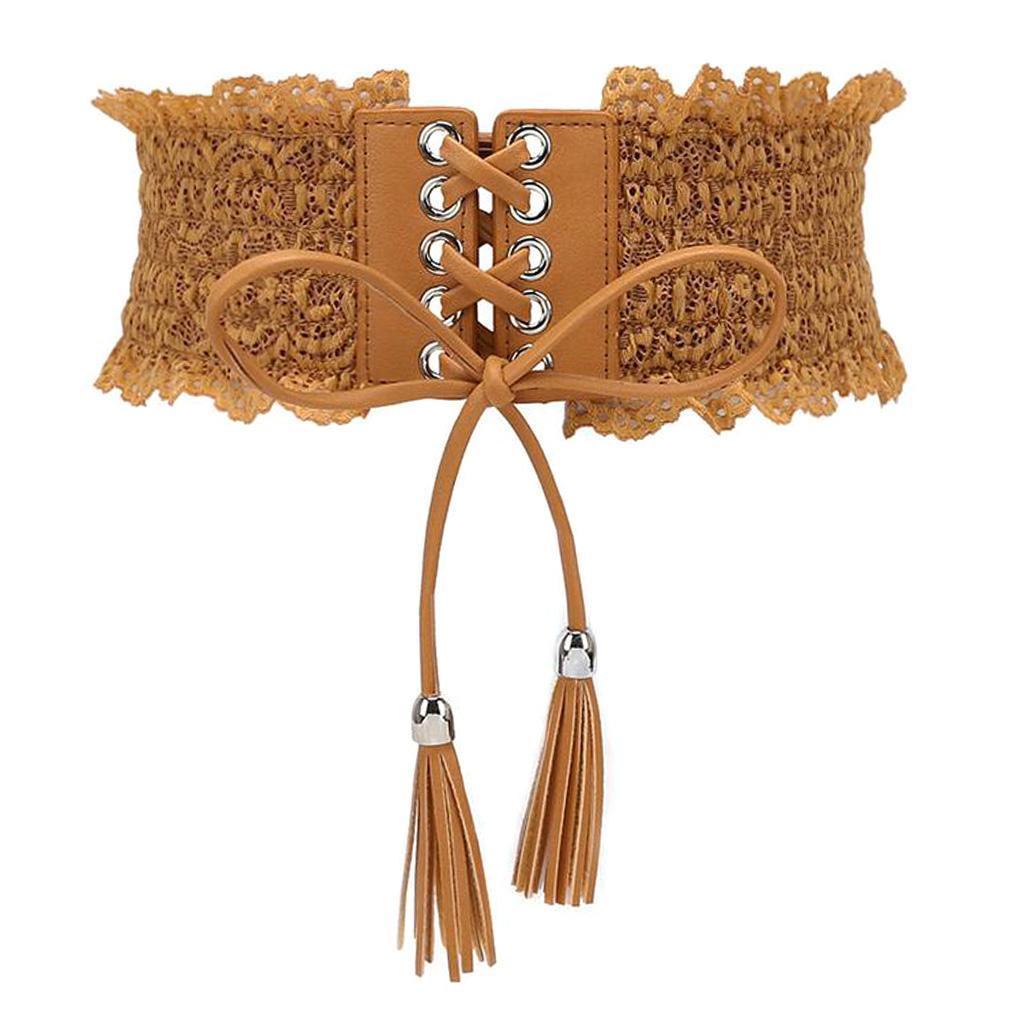 Womens Lace Leather Wide Waist Belt Elastic Band Corset Light Tan