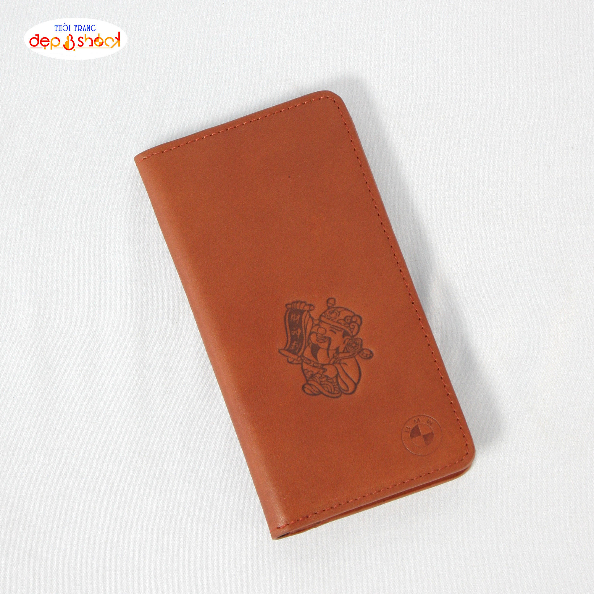 Ví dài cầm tay da bò thật in hình Thần Tài bỏ vừa điện thoại