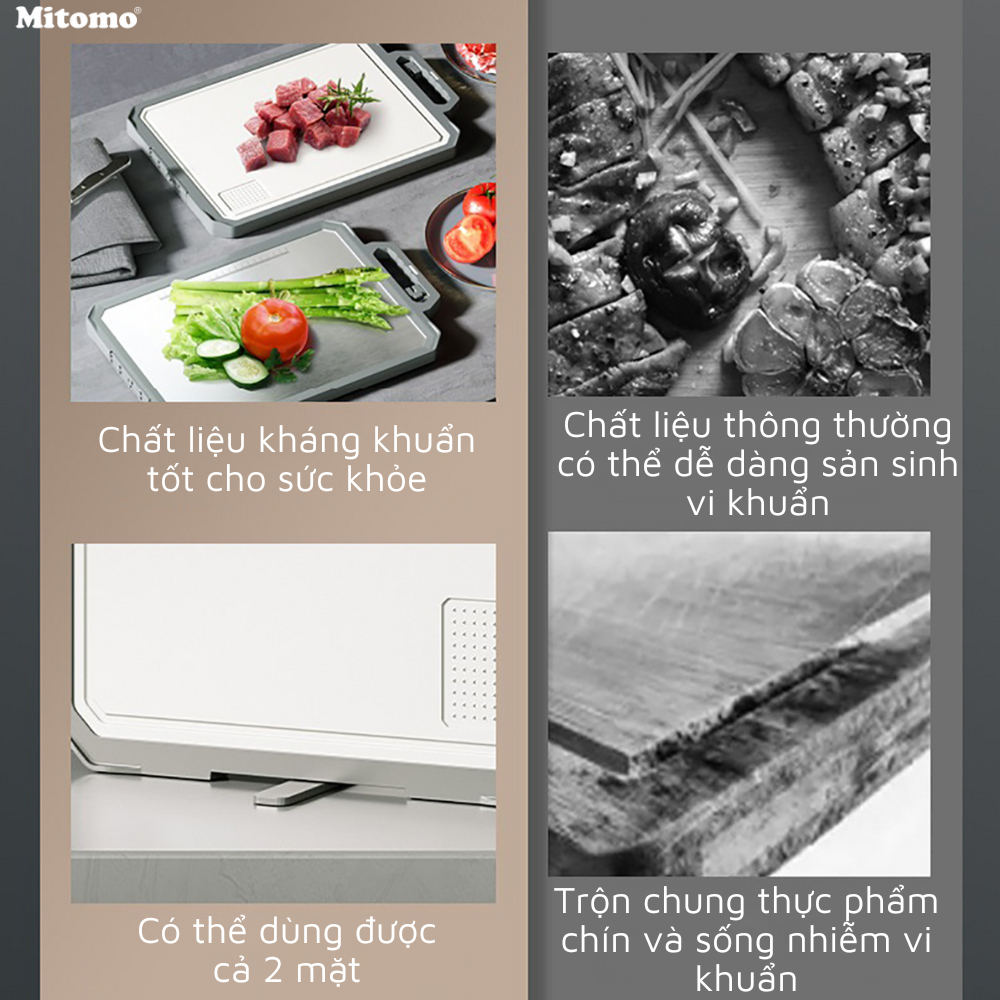 Thớt hai mặt kháng khuẩn inox 304 cao cấp, nhựa lúa mạch Mitomo MT-304PP Hàng chính hãng