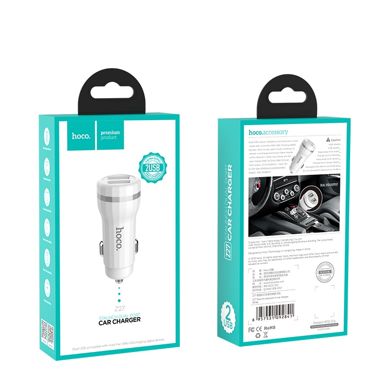 Tẩu sạc 2 cổng 2.4A trên xe hơi Hoco Z27 - Chính hãng