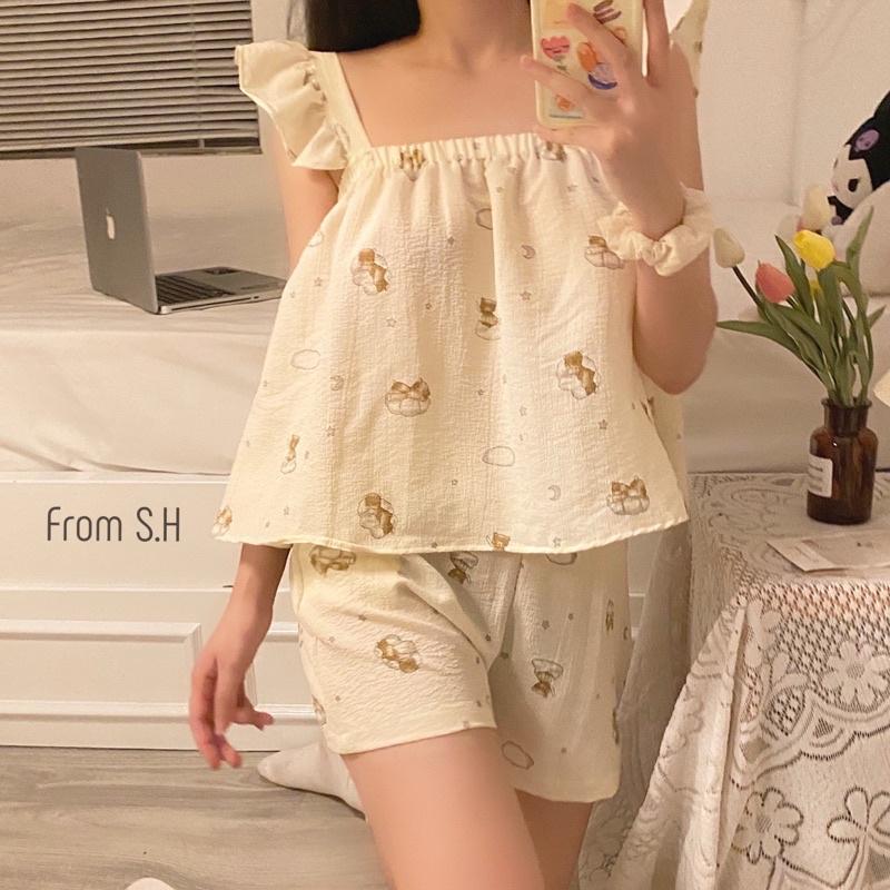 Bộ Đồ Ngủ 2 dây cánh tiên Chất Đũi Xốp Muslin Nhiều Hình