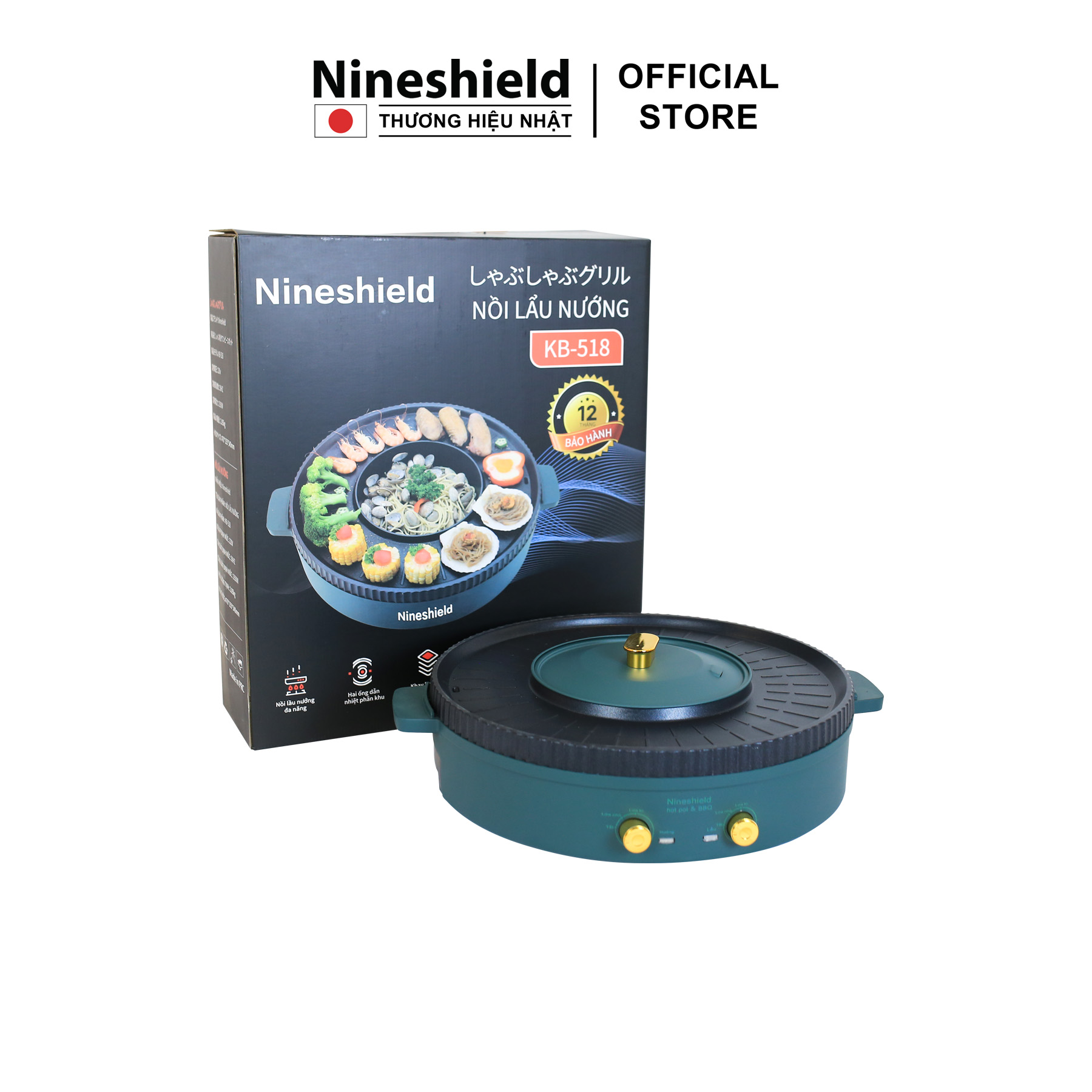 Nồi Lẩu Nướng Đa Năng 2 Trong 1 Nineshield KB - 518 Loại To 51 Cm - Hàng chính hãng