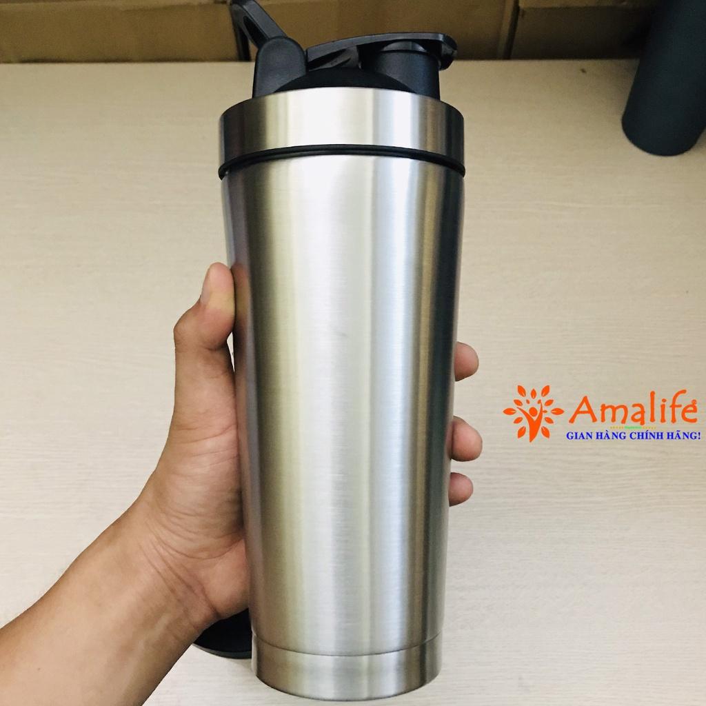 Bình Lắc Shaker Đựng Nước Inox 800ml – Màu Bạc – Tập Gym Thể Thao Chính Hãng Amalife – Kèm Bóng Lò Xo Lắc