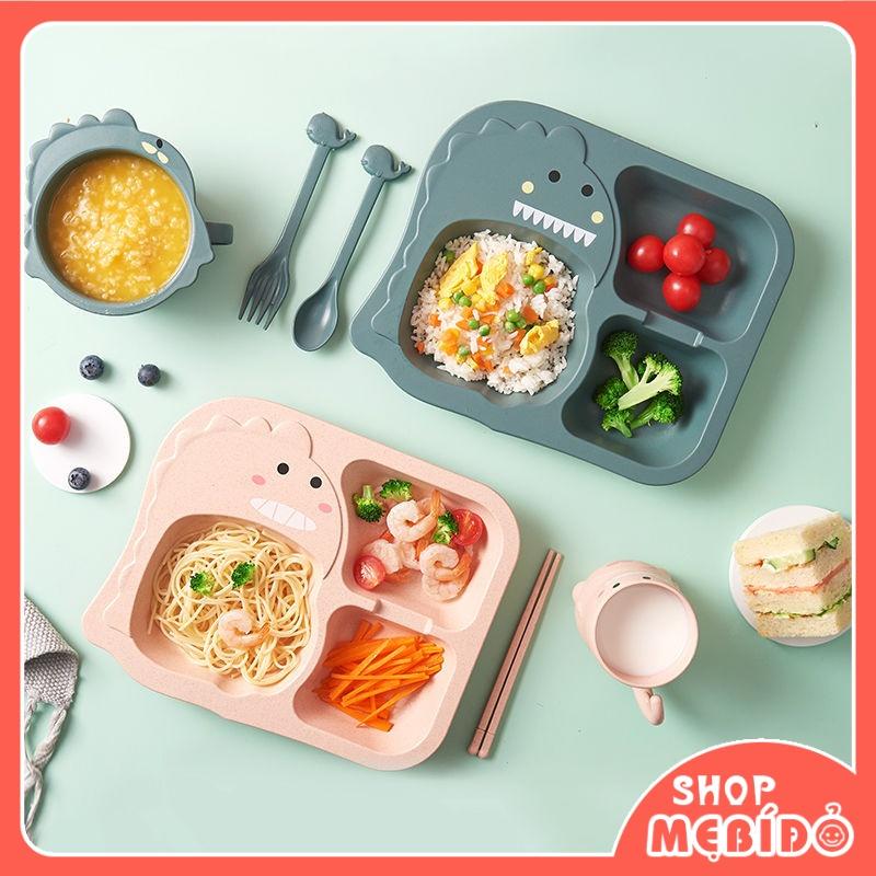 Set Khay Ăn Dặm Lúa Mạch Hình Khủng Long 6 Món Kèm Cốc Bát Thìa Nĩa Đũa Siêu Đáng Yêu Cho Bé Shop Mẹ Bí Đỏ