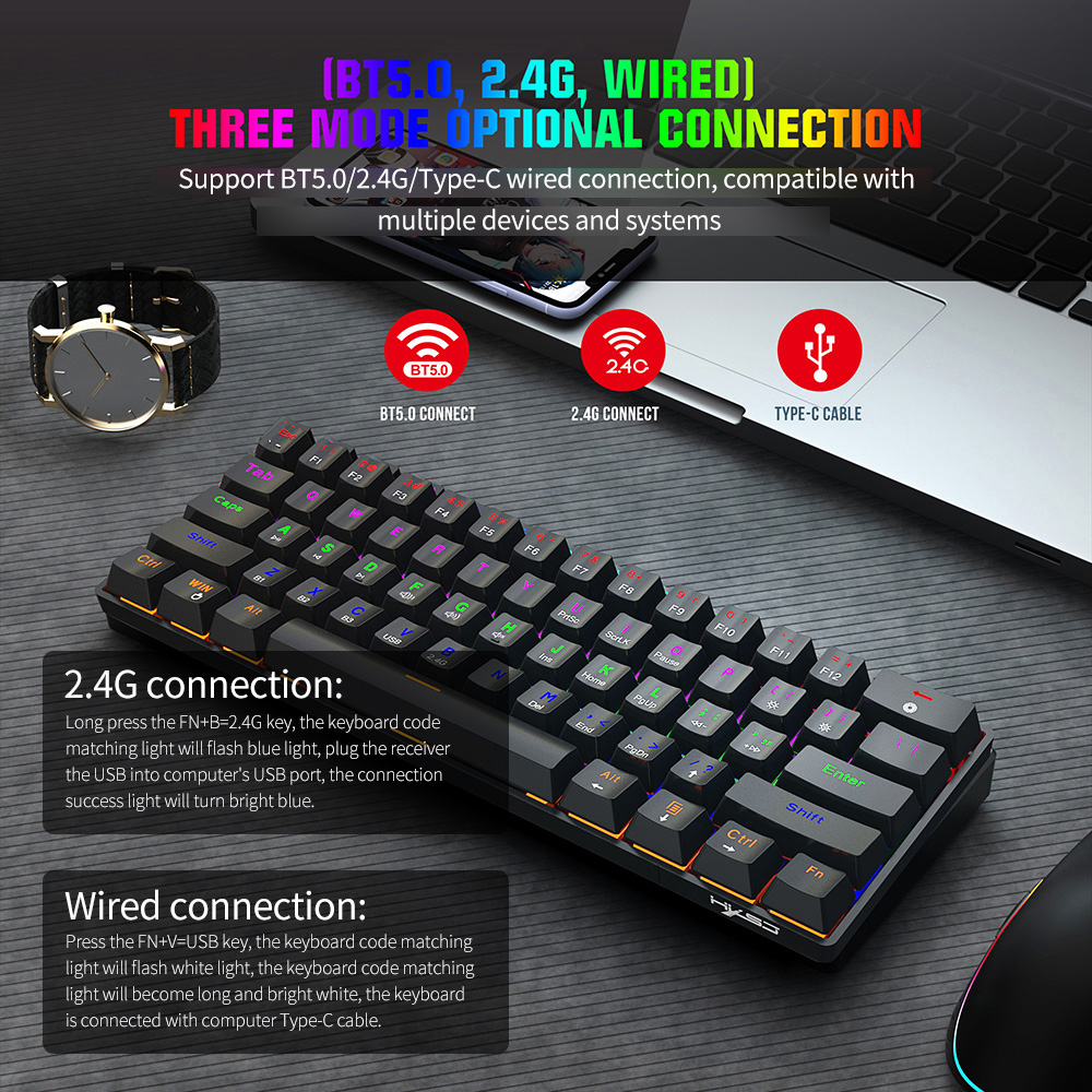 HXSJ L800 Three-mode Mechanical Keyboard 61 Keys RGB Keyboard Support BT5.0/2.4G/USB Wired Connection with Blue Switches