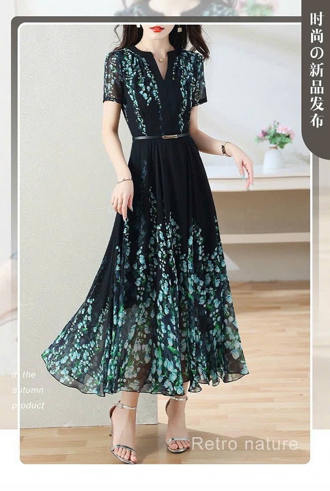 [HÀNG NHẬP] ĐẦM MAXI HOA CỔ V KÈM BEFT