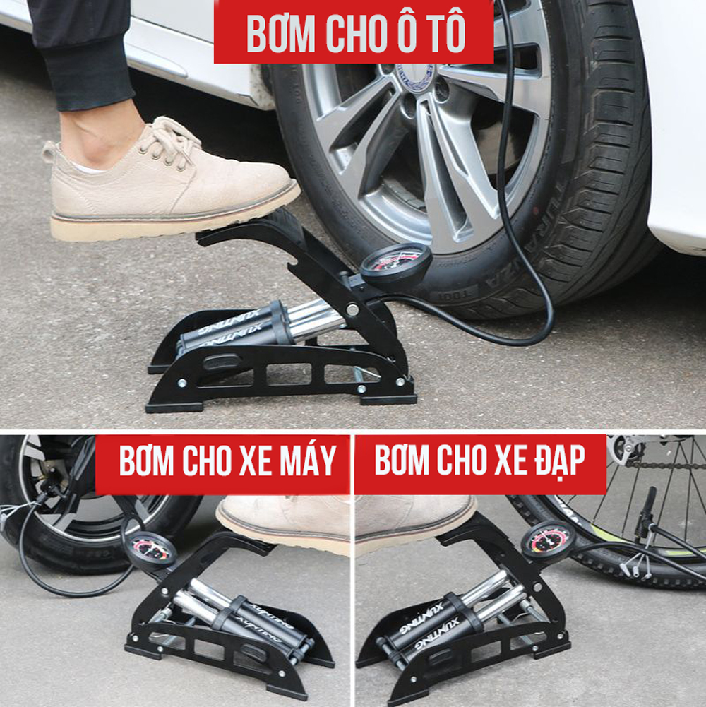 Bơm Đạp Chân 2 Nòng Xilanh 6 Bar 160 PSI Siêu Bơm Chất Lượng Cao Cho Xe Đạp, Xe Máy, Xe Ô tô, Xe Hơi Đa Năng Dễ Dàng Xếp Gọn Và Sử Dụng Tặng Kèm 3 Chốt Chân Lỗ Bơm Super Pump Mai Lee