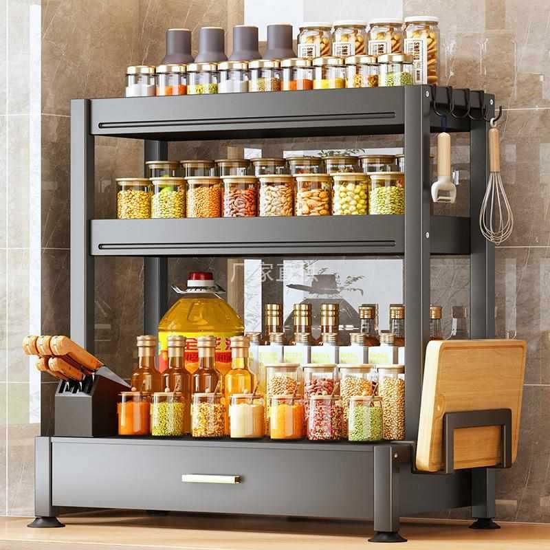 Giá đựng gia vị mặt bàn bếp ba tầng phong cách mới nhất với ngăn kéo Giá đựng chai lọ gia vị dầu muối gia vị đa chức năng