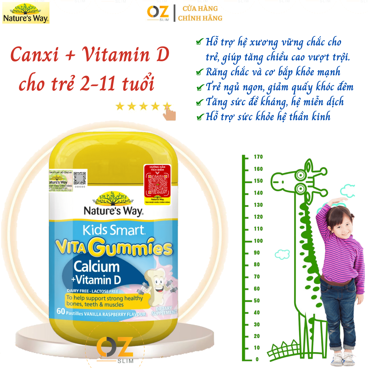 Canxi + Vitamin D cho trẻ 2-11 tuổi Gummies Calcium Vitamin D Nature's Way Úc giúp hỗ trợ xương, răng và cơ bắp khỏe mạnh, cao lớn - OZ Slim Store