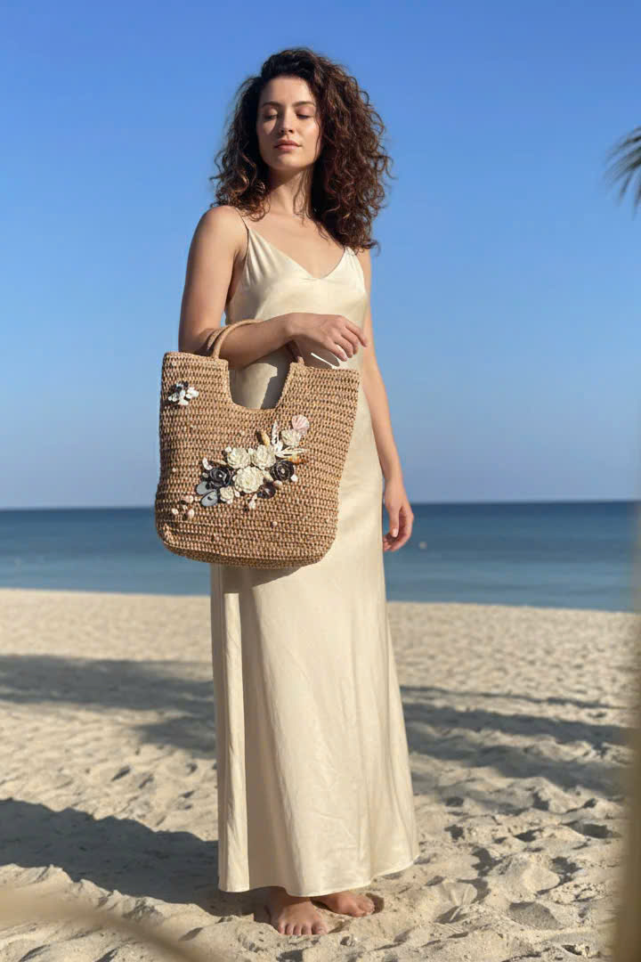 Giỏ Cói Giấy Mềm Dáng Tote Gắn Vỏ Sò, Giỏ Cói Tote Lan Châu ACC142