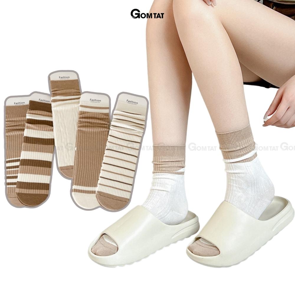 Tất nữ cổ cao GOMTAT phong cách Hàn Quốc phối màu kem và nâu, chất liệu cotton nhẹ mềm mại thấm hút thoáng khí - KOGOT-PO-3020-1DOI