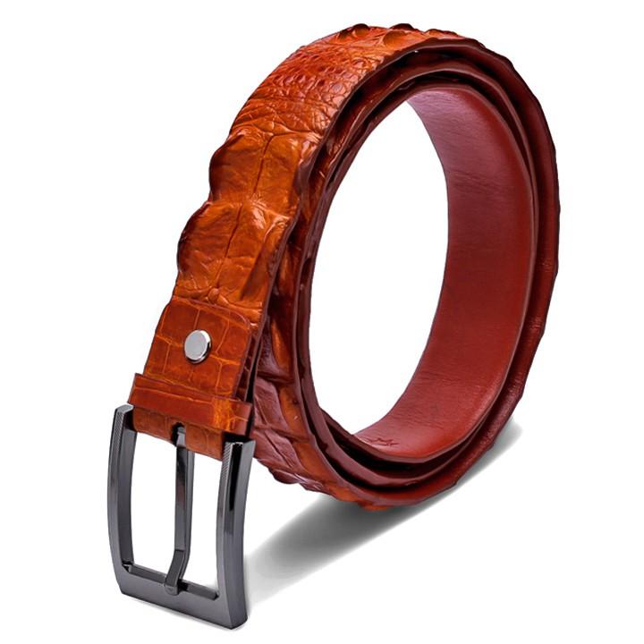 HC4841 - Dây nịt nam da cá sấu Huy Hoàng nguyên con 3,5P bát gài đầu kim màu vàng bò