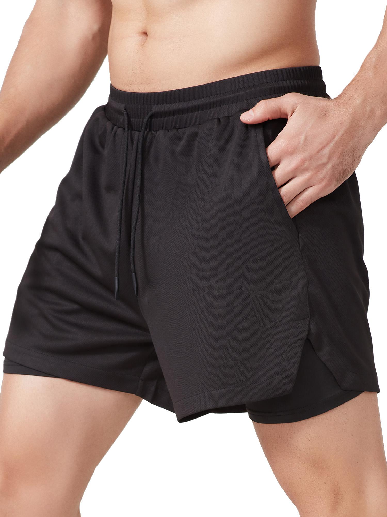 Quần short thể thao nam có lót 2 trong 1 với túi có dây quấn khăn Nhanh chóng khô quần short thể dục chạy bộ