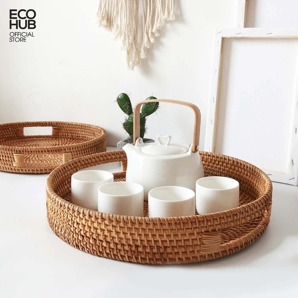 Khay mây tròn ECOHUB có tay cầm, d30cm / 35cm (Basket Rattan Woven Storage Tray with Handle)