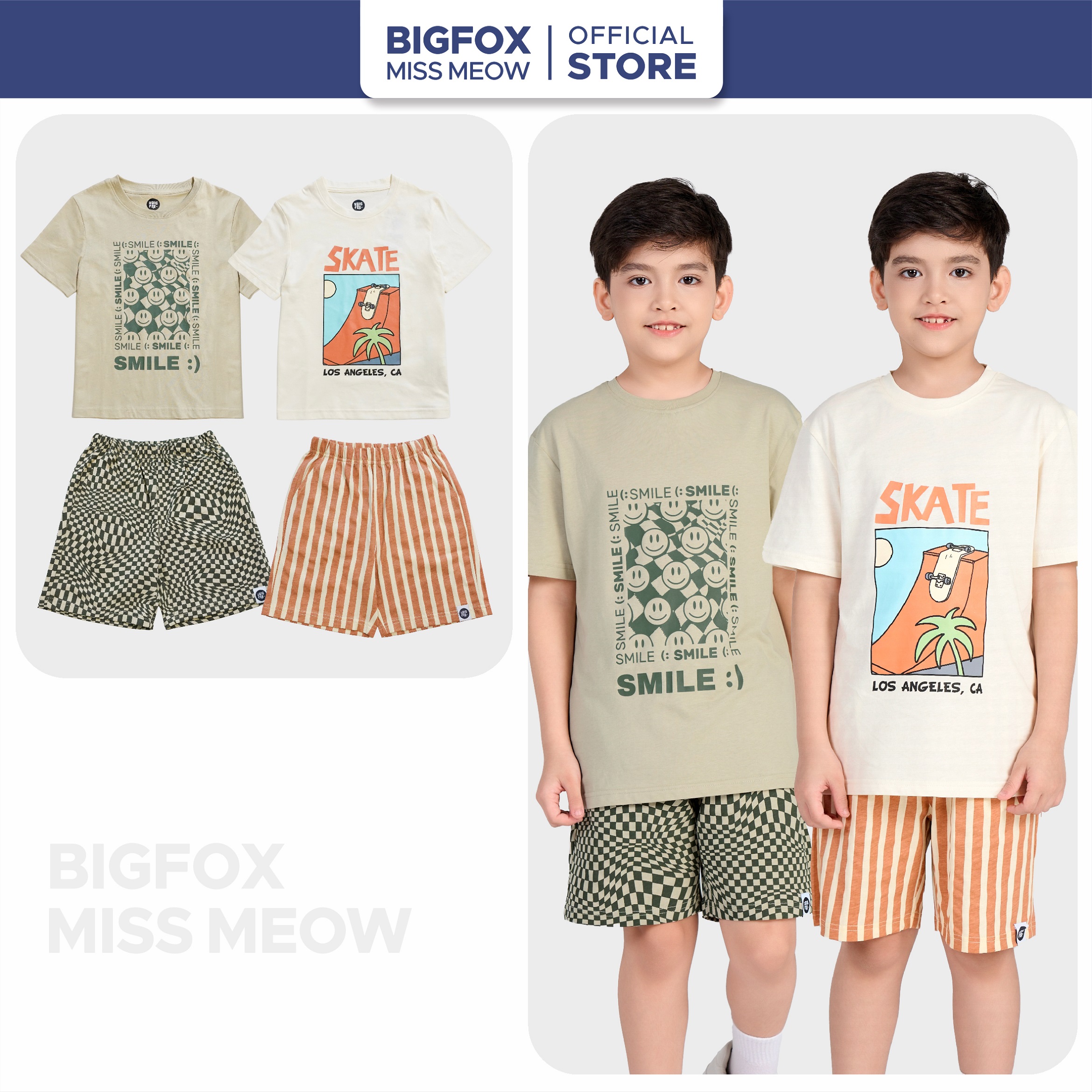 Bộ đồ hè bé trai Bigfox Miss Meow cộc tay size đại mặc nhà vải cotton cho trẻ em nam 3-11 tuổi 30kg