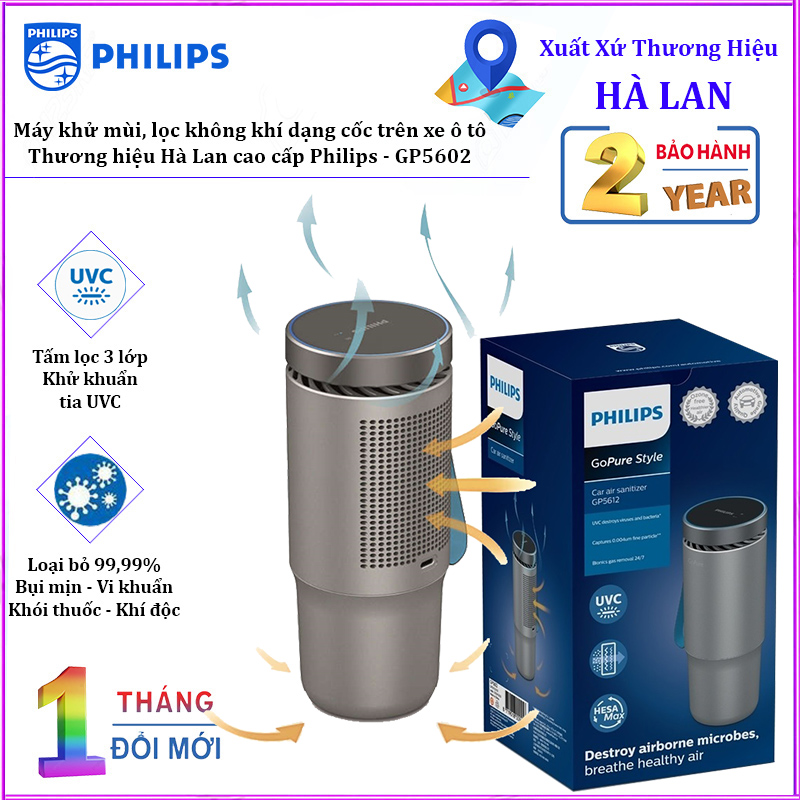 Máy khử mùi, lọc không khí dạng cốc trên xe ô tô cao cấp Philips GP5601 công suất 5,5W tích hợp 5 công nghệ tiên tiến bảo vệ không khí trong xe