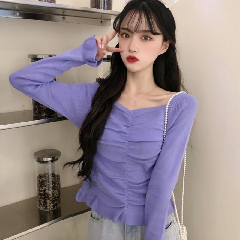 Áo Dệt Kim Tay Dài Cổ Vuông Màu Trơn Thanh Lịch