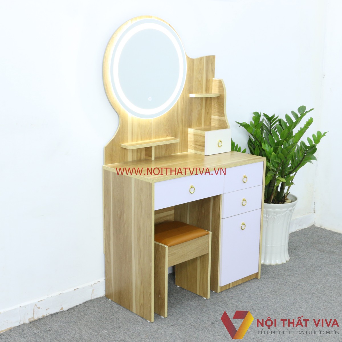 Bàn Trang Điểm Thông Minh Gương Tròn Cảm Ứng Màu Vàng Phối Trắng Đẹp