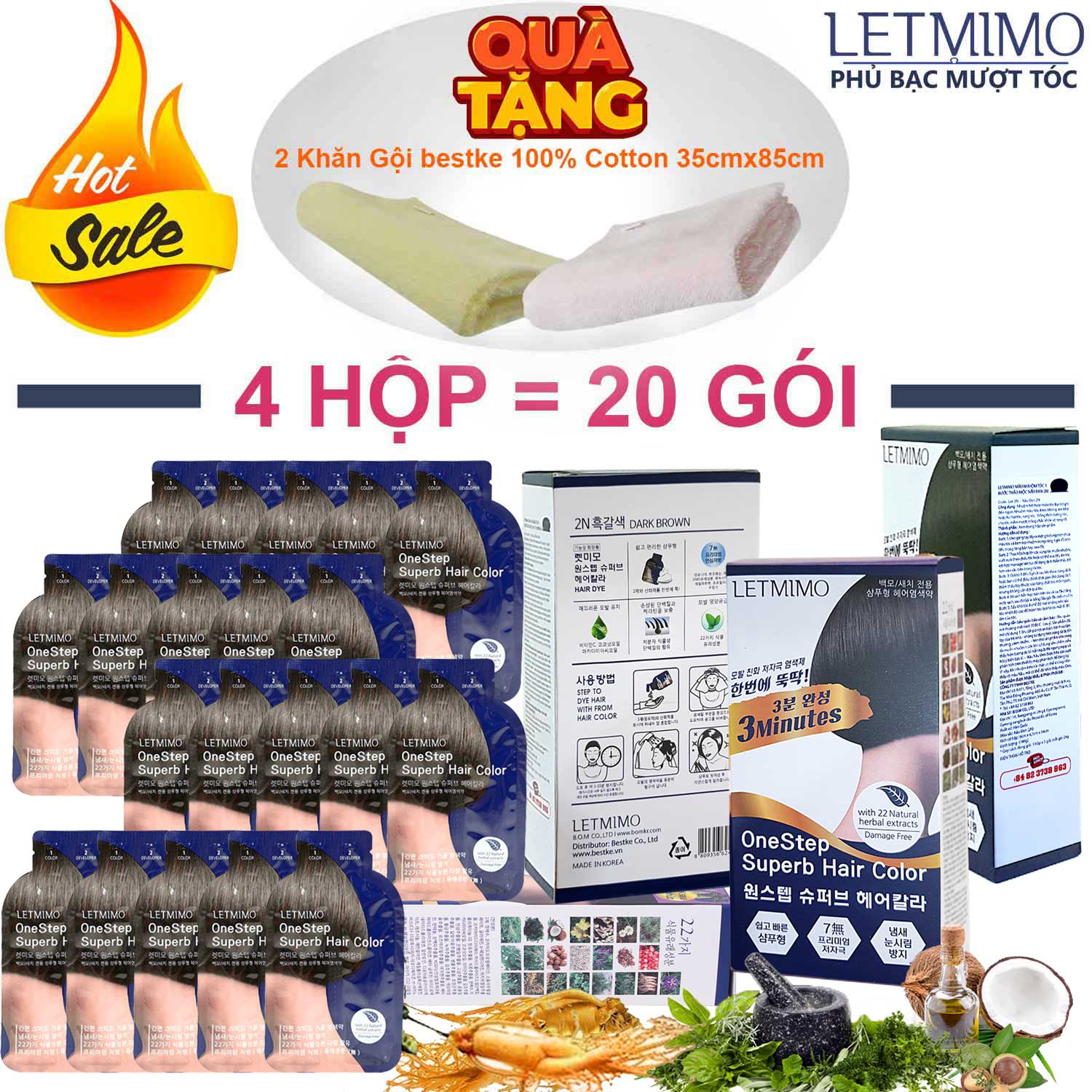 Combo 4 Hộp Nhuộm Tóc bạc LETMIMO màu Nâu Đen_2N, 20 gói + QUÀ TẶNG 2 khăn gội bestke 83*33