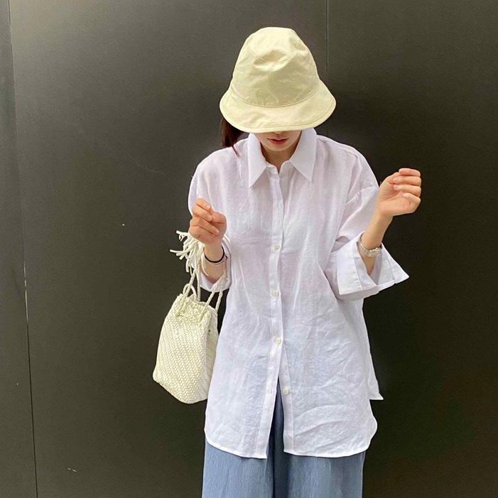 Áo sơ mi nữ form rộng rơt vai vải Linen tưng Premium, thiết kế dài tay đuôi tôm tròn trẻ trung xinh xắn - Trắng tinh