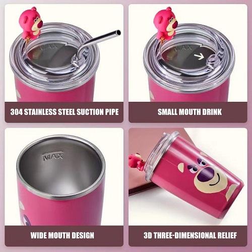 Ly Giữ Nhiệt Inox 304 Cao Cấp Họa Tiết Gấu Dâu Dễ Thương Lotso Tặng Kèm Ống Hút Tiện Lợi