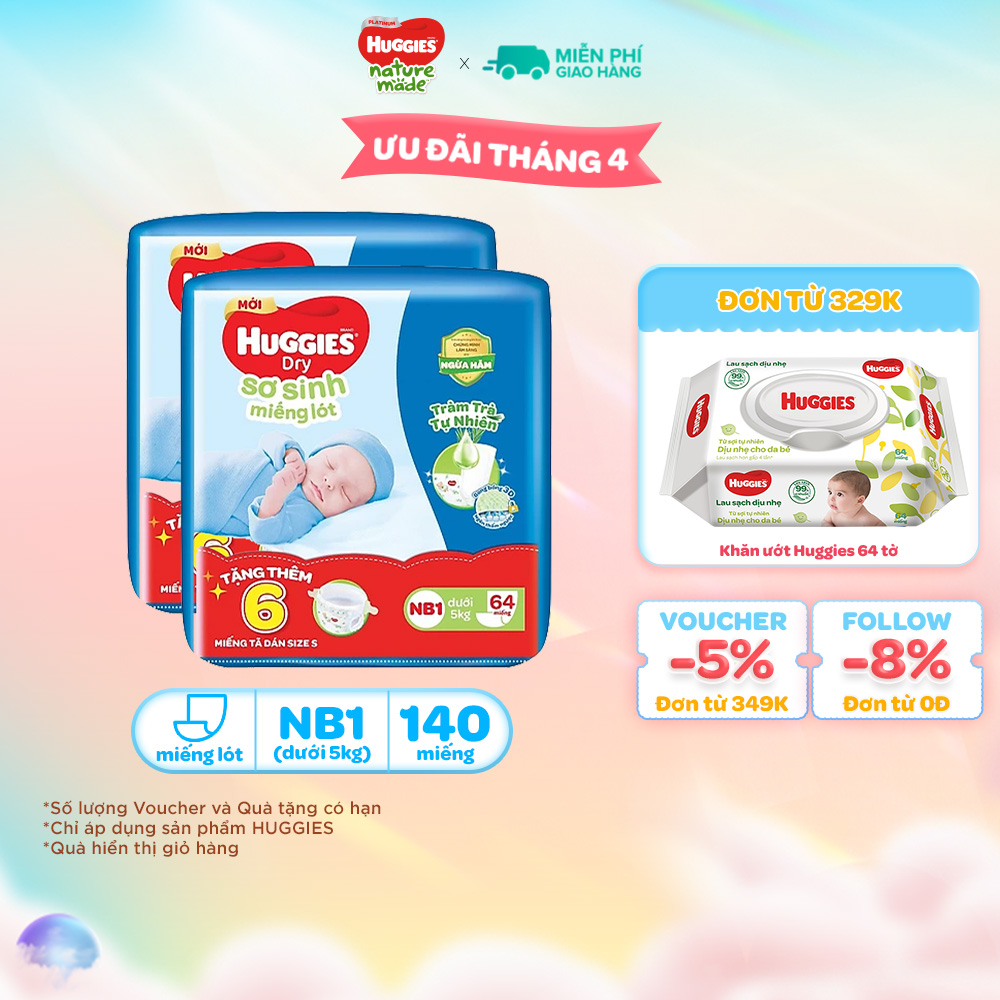 [Tặng kèm tã] Combo 2 Miếng lót Sơ Sinh Huggies Tràm Trà NB1 64 miếng/108 miếng