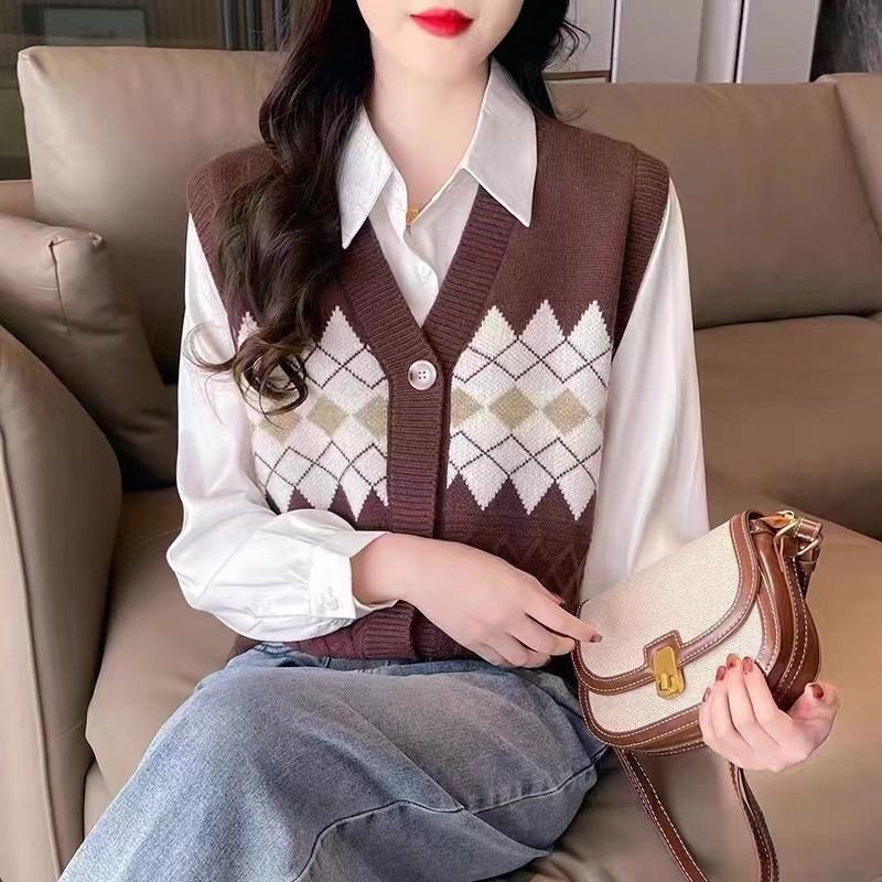 Áo len gile nữ họa tiết thổ cẩm len dệt kim Quảng Châu mềm mịn co giãn mặc mùa thu đông mã VAA0461