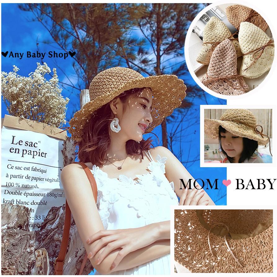 Combo Mũ cói đi chơi, đi biển thắt nơ cho mẹ và bé 3 màu - gấp gọn được