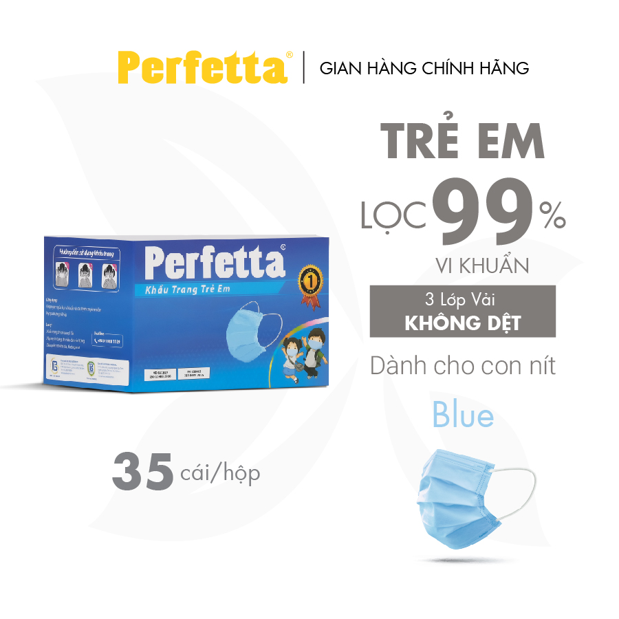 [1 Hộp - PERFETTA CHILDREN] - Khẩu Trang Y Tế Trẻ Em Chất Lượng Cao, Kháng Khuẩn, Chống Bụi Mịn, Màu Xanh, 3 Lớp, Bảo Vệ Tối Ưu, Đóng Gói Từng Cái - (35 cái/hộp)