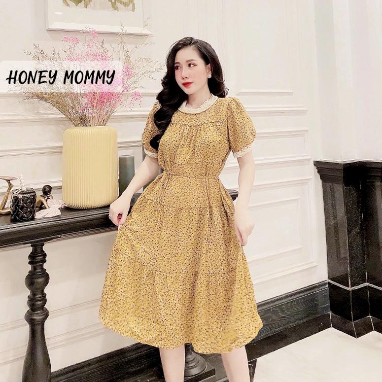 Váy Bầu Hoa Nhí Cổ Ren Mùa Hè Kèm Đai Thắt HD2821 Honey Mommy Đầm Bầu Công Sở Dáng Dài