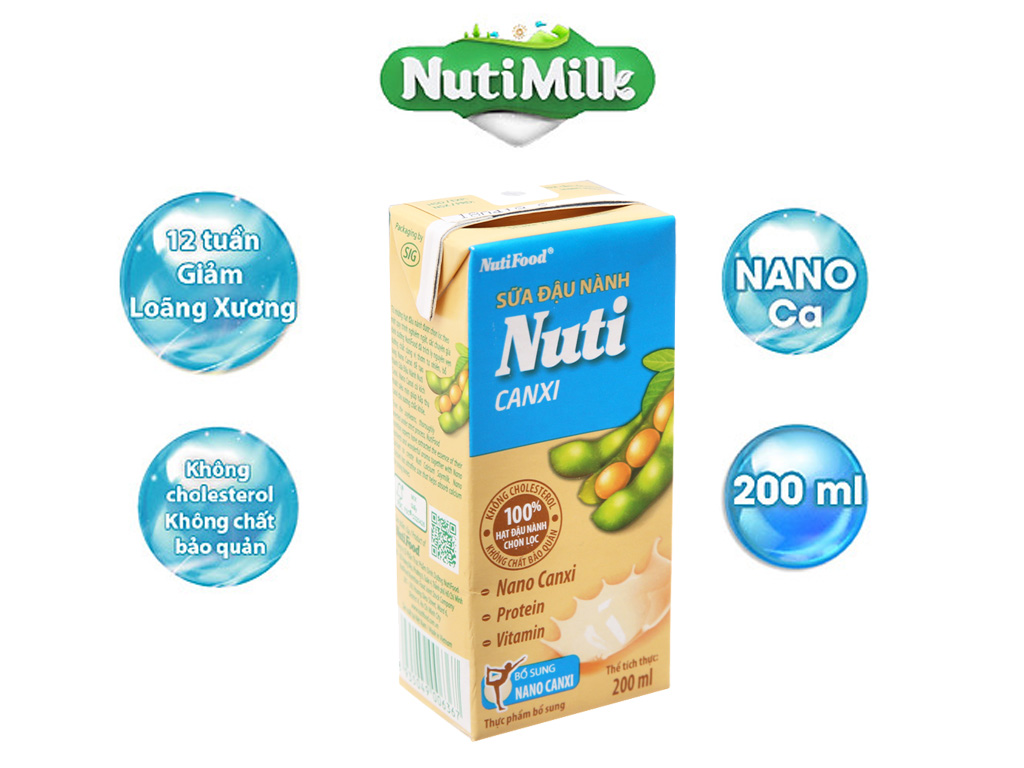 Thùng Sữa Đậu Nành Nutimilk Canxi 200ml (Hộp 200ml x 36) - Bổ Sung Thêm Canxi