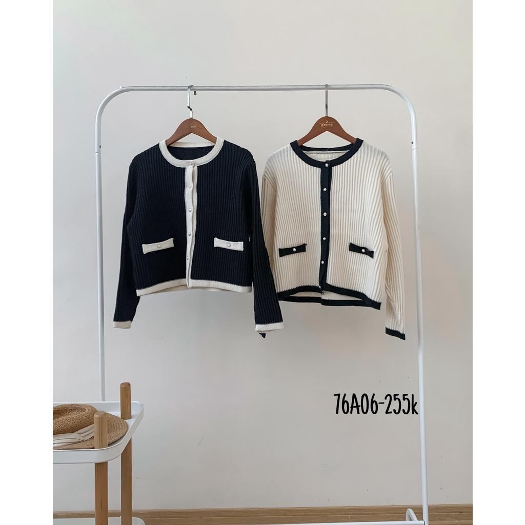 Áo khoác len cardigan nữ gân dọc cổ tròn phối màu viền 2 túi 76a06 by germe