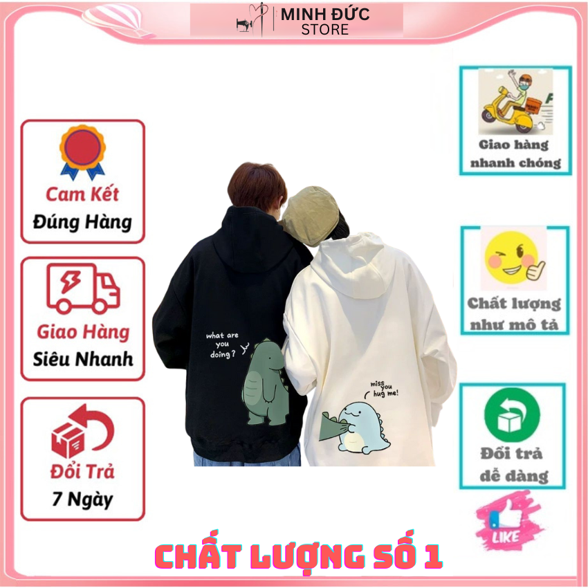 Đồ Đôi Nỉ Có Mũ MM18, Áo Đôi Nam Nữ In Khủng Long Cắn Đuôi ý Nghĩa, Vải Nỉ Bông In Hình Dễ Thương