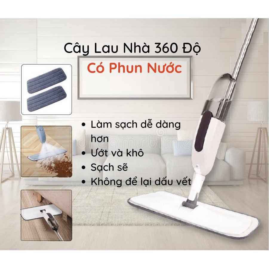 Cây lau nhà phun sương xoay 360 độ đa năng 3 Trong 1 vừa lau khô vừa phun nước, bình nước di động 350ml đủ làm sạch 100m2 sàn , trục quay 360 độ giúp lau mọi ngóc ngách , thanh cầm bằng thép siêu bền, chống ăn mòn va đập tốt .