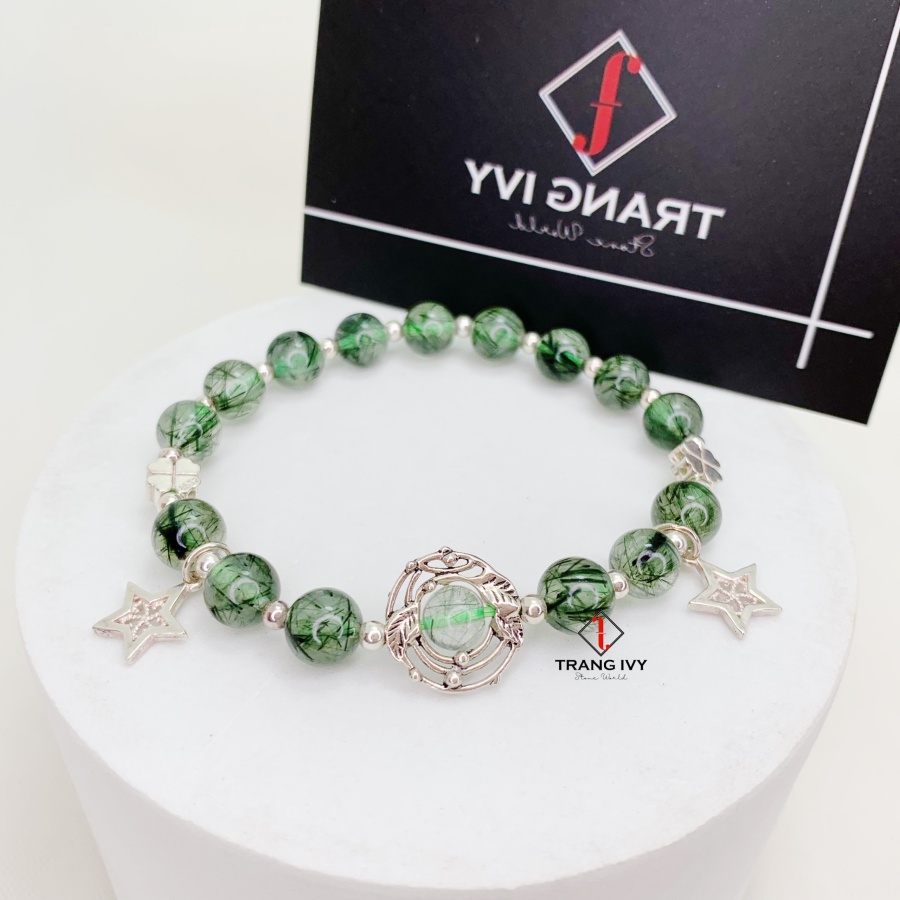 Vòng Tay Thạch Anh Tóc Xanh Mix Charm Bạc