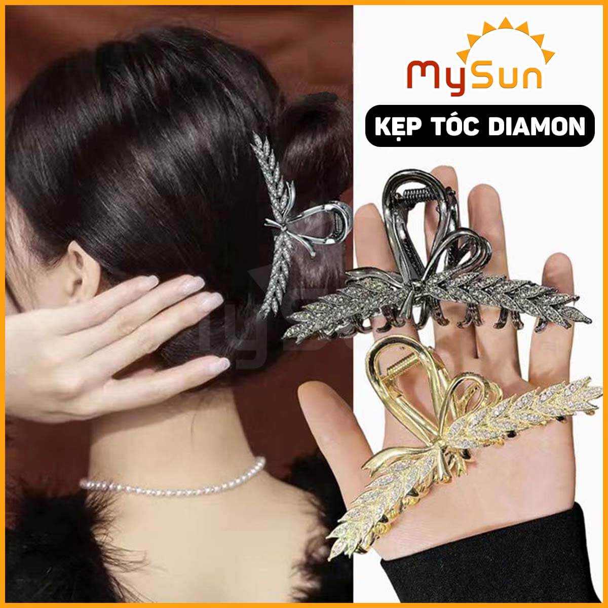 Cặp kẹp tóc CÁ MẬP kim loại đính giả đá sang trọng cho mẹ đi tiệc cỡ lớn MySun