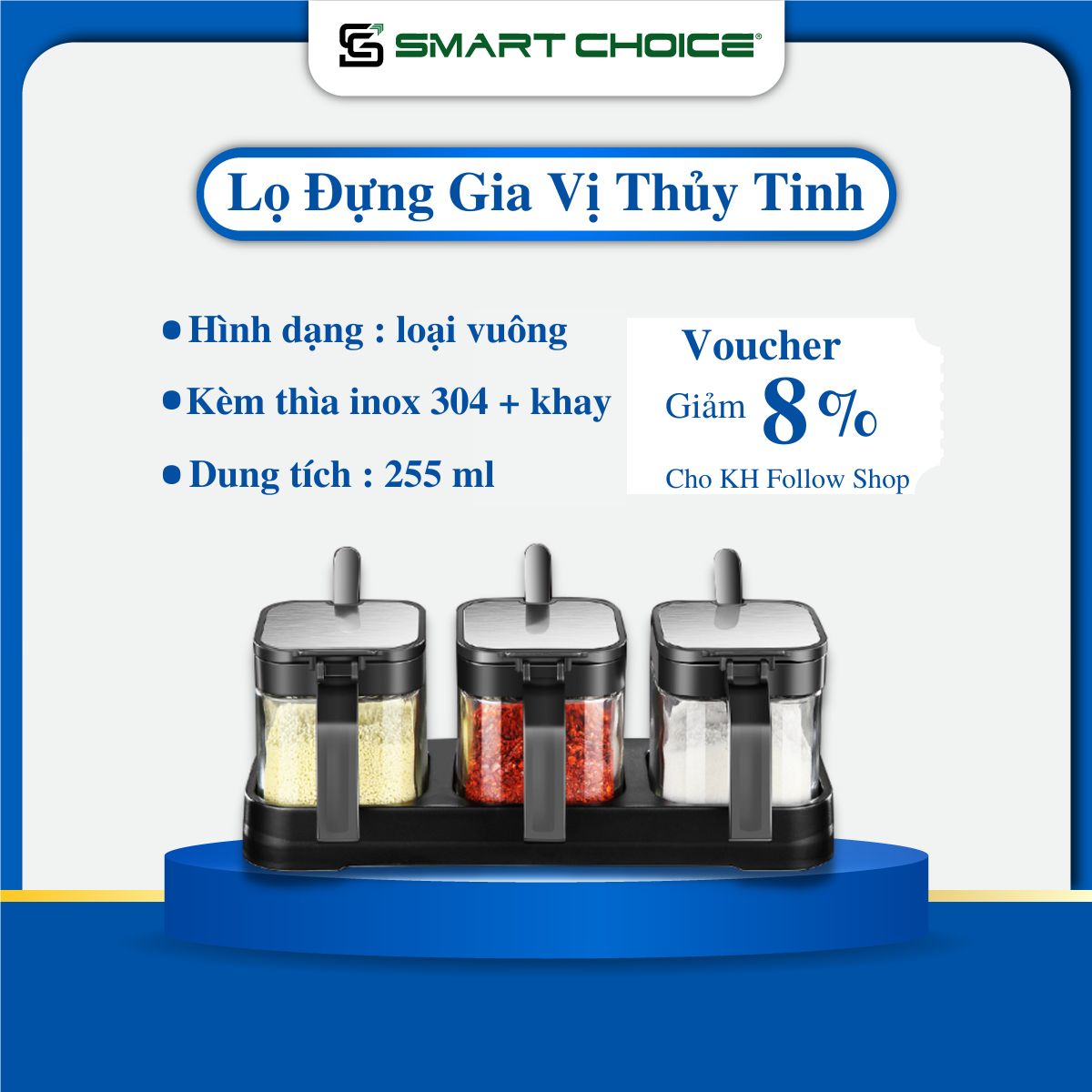 Lọ Đựng Gia Vị Thủy Tinh SMARTCHOICE Có Thìa Kèm Khay Cao Cấp, Set 3 Hũ Đựng Gia Vị Dày Dặn Nắp Bật Inox 304 - Hàng Chính Hãng