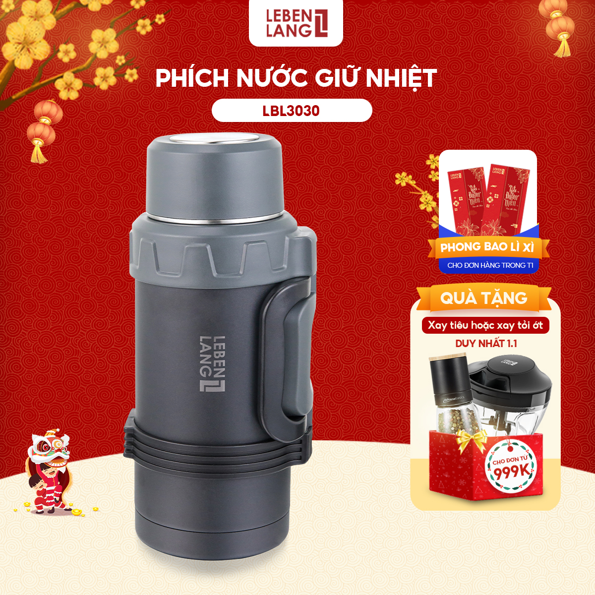 Phích nước giữ nhiệt Lebenlang LBL3030, bình giữ nhiệt dung tích 1600ml - hàng chính hãng