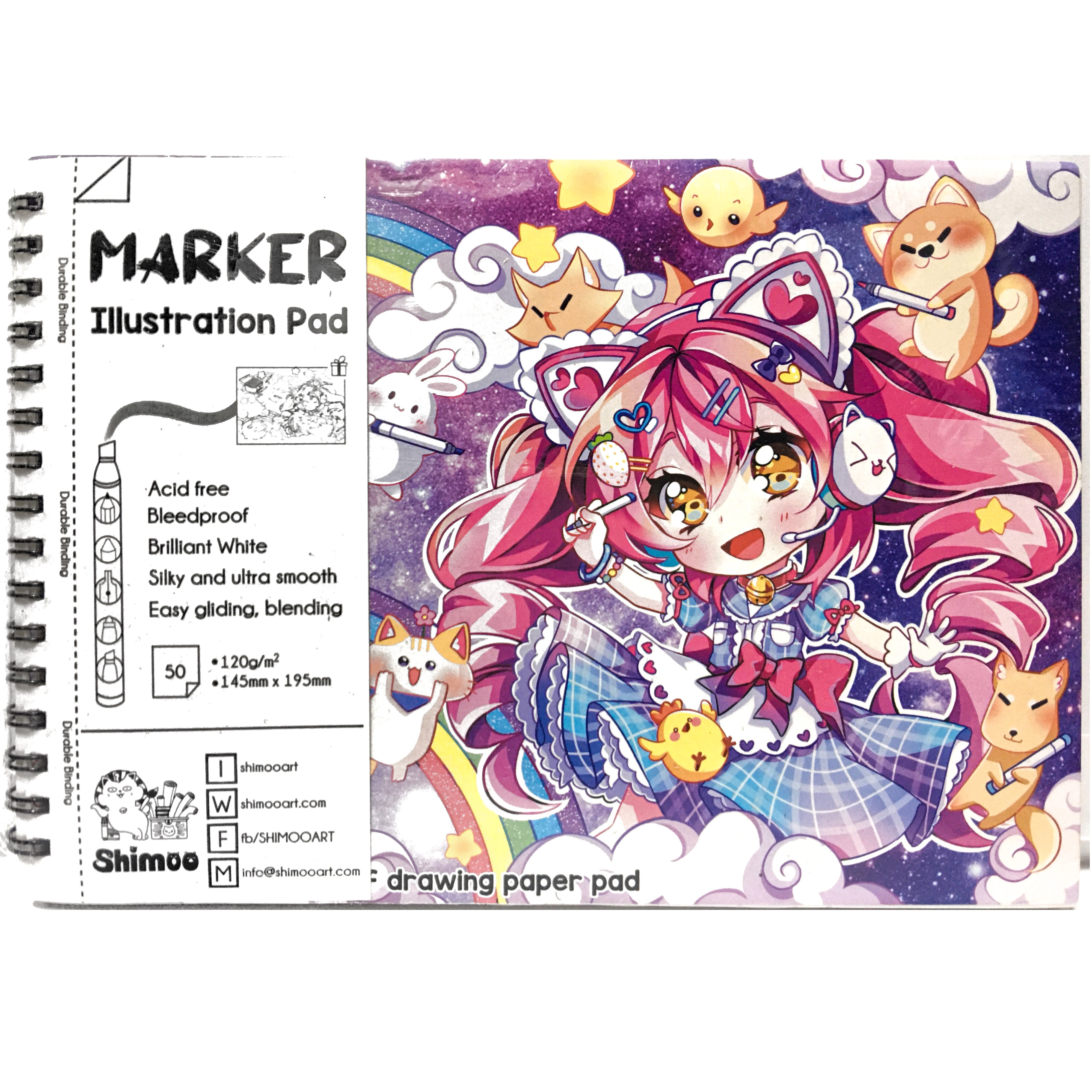 Giấy vẽ Shimoo Marker Illustration Pad chuyên phác thảo, sketch, vẽ marker chuyên nghiệp tặng kèm coloring guide khổ A4 / A5 loại 50 tờ gáy lò xo