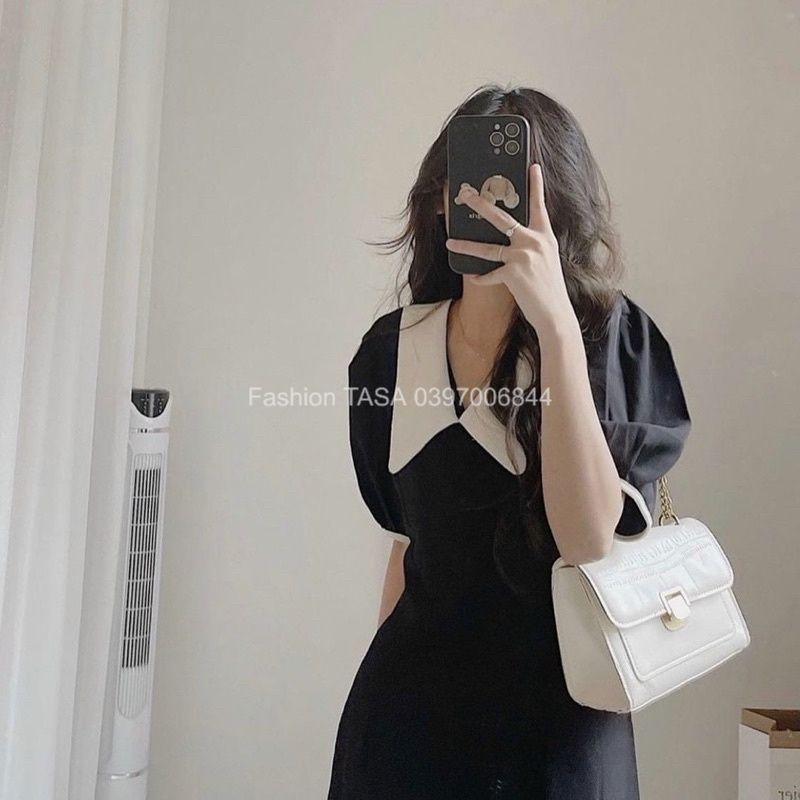 X2 Đầm dáng suông công sở cổ bẻ màu đen cổ trắng form dài thanh lịch (kèm hình thật)